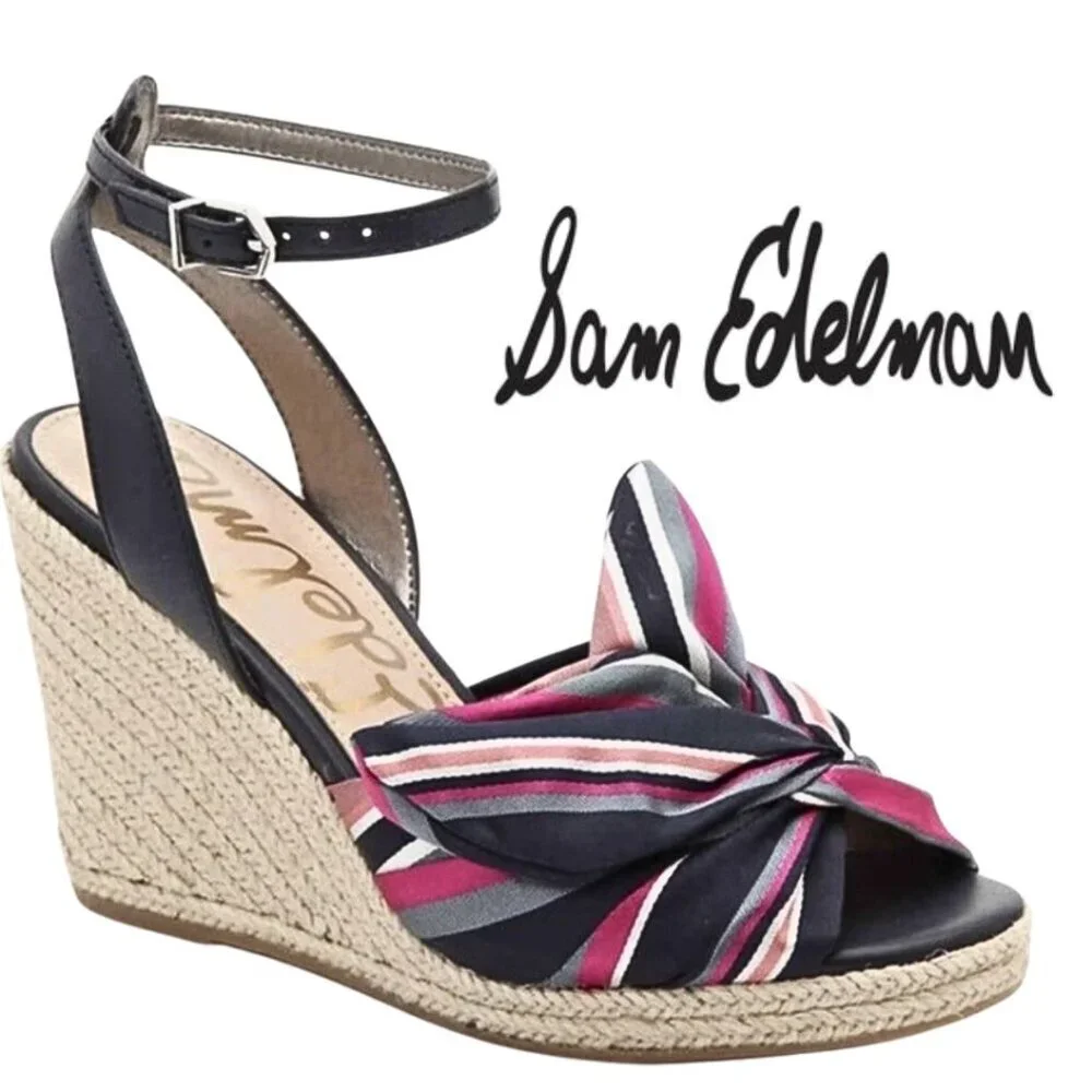 Sam Edelman, Aubrey Espadrille Wedge Striped Bow‎ Sandal, Navy, Pink, Tan